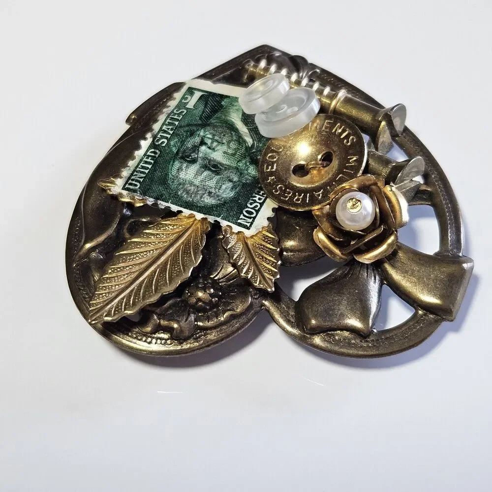 Ooak Vintage Heart Tramp Art Folk Art Brooch Pin Unique Eclectic